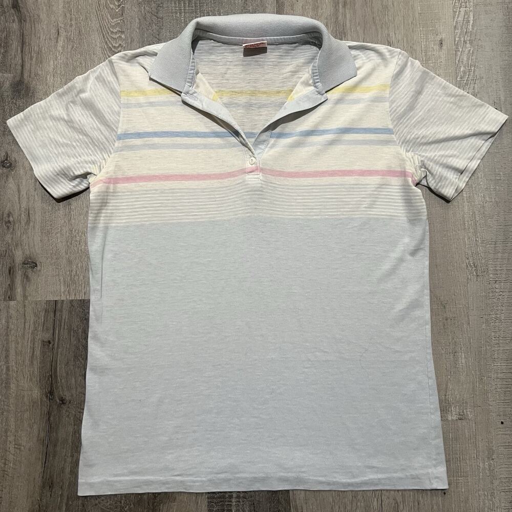 VTG Tail 1980s Paper Thin Baby Blue Pink Striped Preppy Polo Shirt Mens M